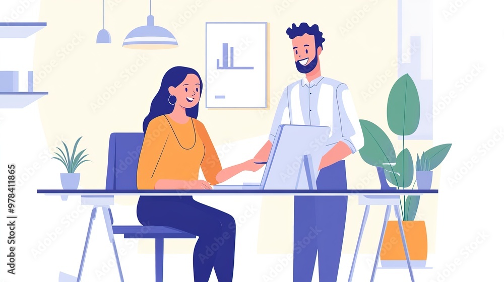 Fototapeta premium Woman helping a man on the computer they are happy in a clean well lit office, illustration