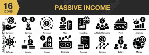 Passive Income solid icon set. Includes house, oncome, investing, money, plant, and More. Solid icons vector collection.