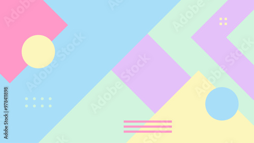 Abstract geometric pastel pattern with circles and squares in soft colors. Colorful abstract background geometric shapes like circles and squares in pastel hues of blue pink yellow and green