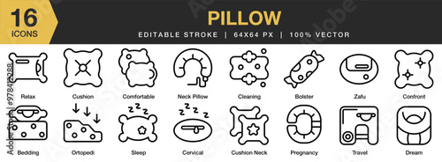 Pillow icon set. Editable Stroke Icon Collection. Includes bedding, bolster, cleaning, comfortable, cushion neck, and More. Outline icons vector collection.