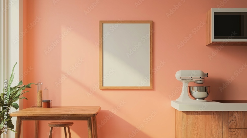 Blank white frame board on peach wall and plant interior home aesthetic decoration Blank white frame board on peach wall and plant interior home aesthetic decoration