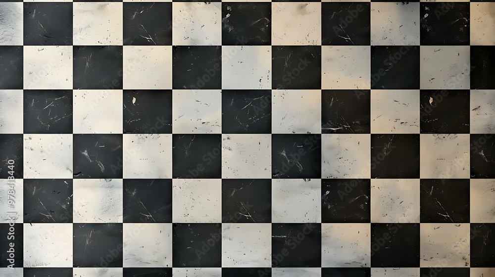 Fototapeta premium Worn black and white checkered floor tiles.