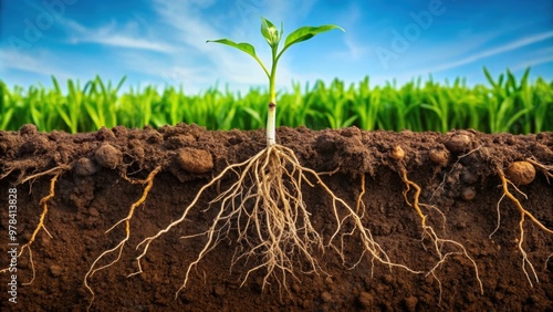 Root system of a plant in nutrient-rich soil , Root, system, plant, growth, underground, network, nutrients, soil, health photo