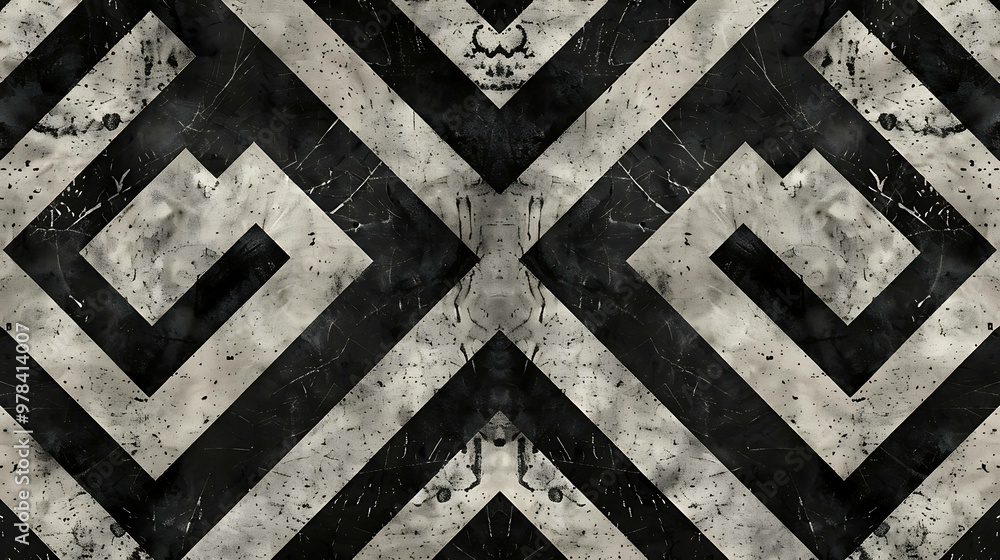 Black and white geometric pattern with a distressed, aged look, resembling a vintage floor tile. Black and white geometric pattern with a distressed, aged look, resembling a vintage floor tile.