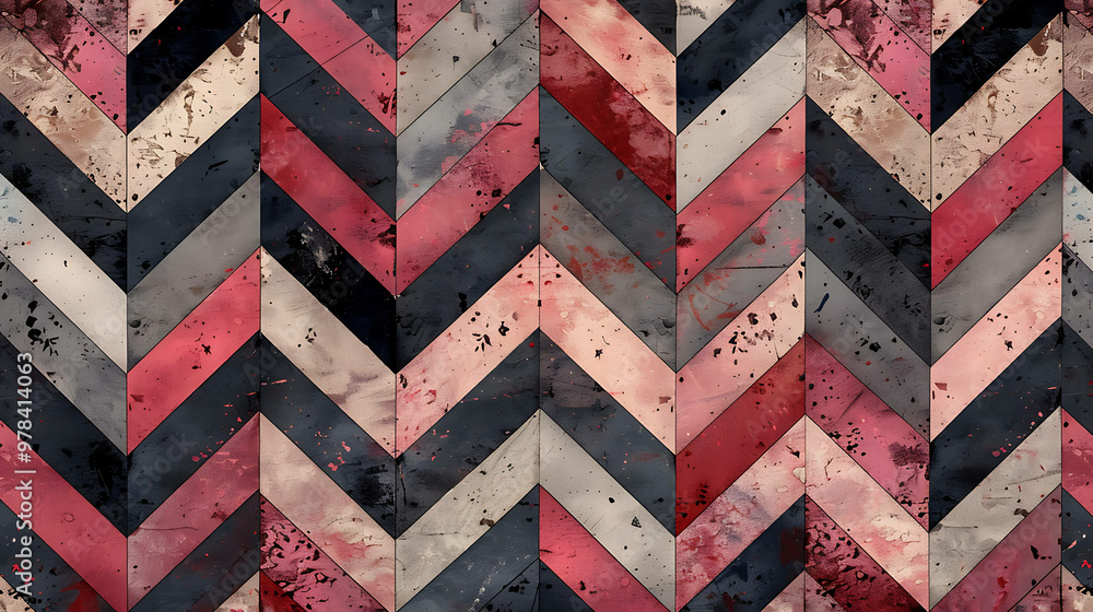 Fototapeta premium Abstract chevron pattern with grunge texture in shades of red, pink, black, and grey.