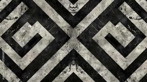 Black and white geometric pattern with a distressed, aged look, resembling a vintage floor tile.