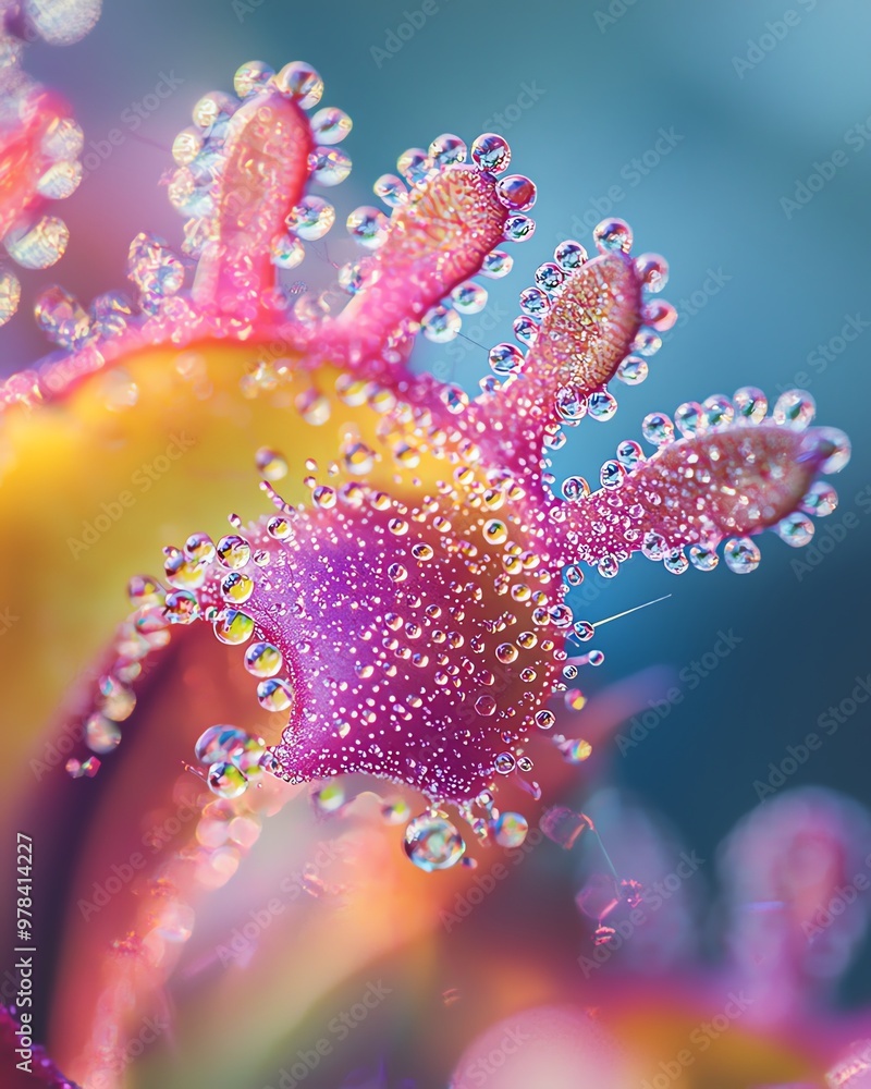 Naklejka premium Close-up macro shot of a pink flower covered in water droplets.