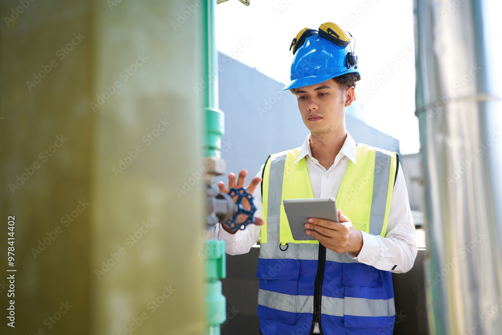 Technician checking pipeline valves or water tank area at urban industrial site Technician checking pipeline valves or water tank area at urban industrial site