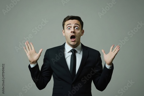 Businessman in a suit with a shocked facial expression and hands slightly raised