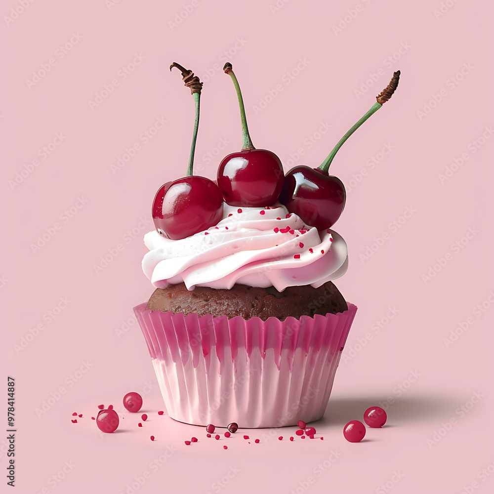 Cupcake with cherry on a pink background. Cupcake with cherry on a pink background.