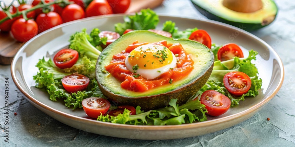 Avocado egg, tomato sauce and fresh salad on a plate, avocado, egg, tomato, sauce, fresh, salad, healthy, nutritious Avocado egg, tomato sauce and fresh salad on a plate, avocado, egg, tomato, sauce, fresh, salad, healthy, nutritious