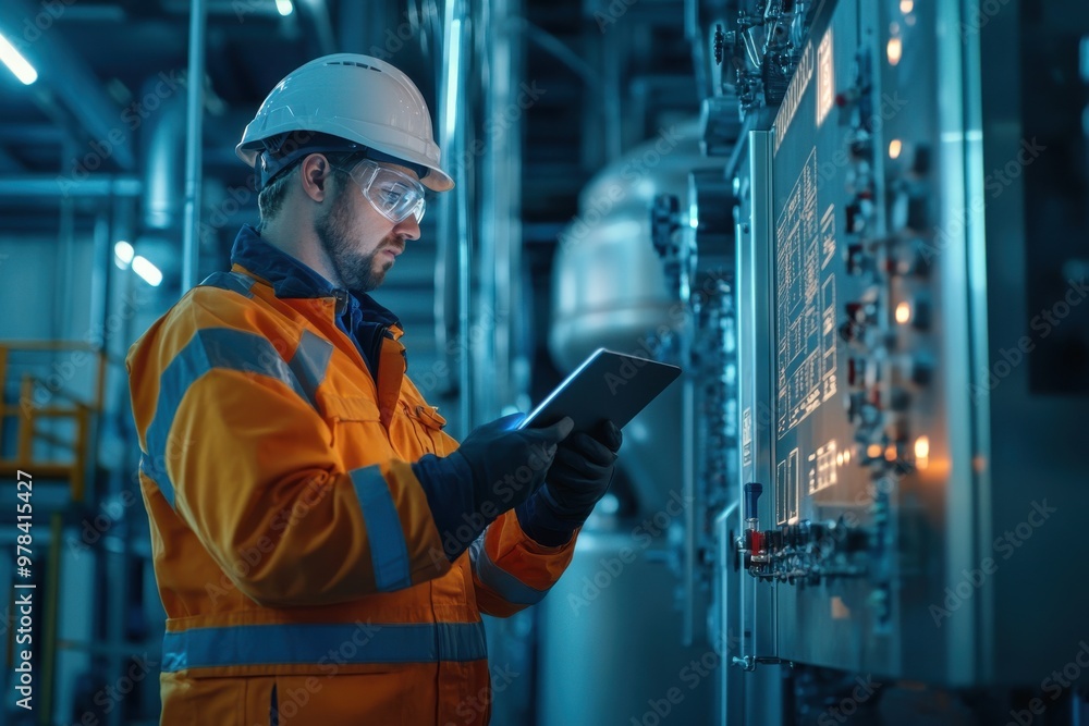Engineer reviewing data on a tablet standing beside a large industrial machine Engineer reviewing data on a tablet standing beside a large industrial machine