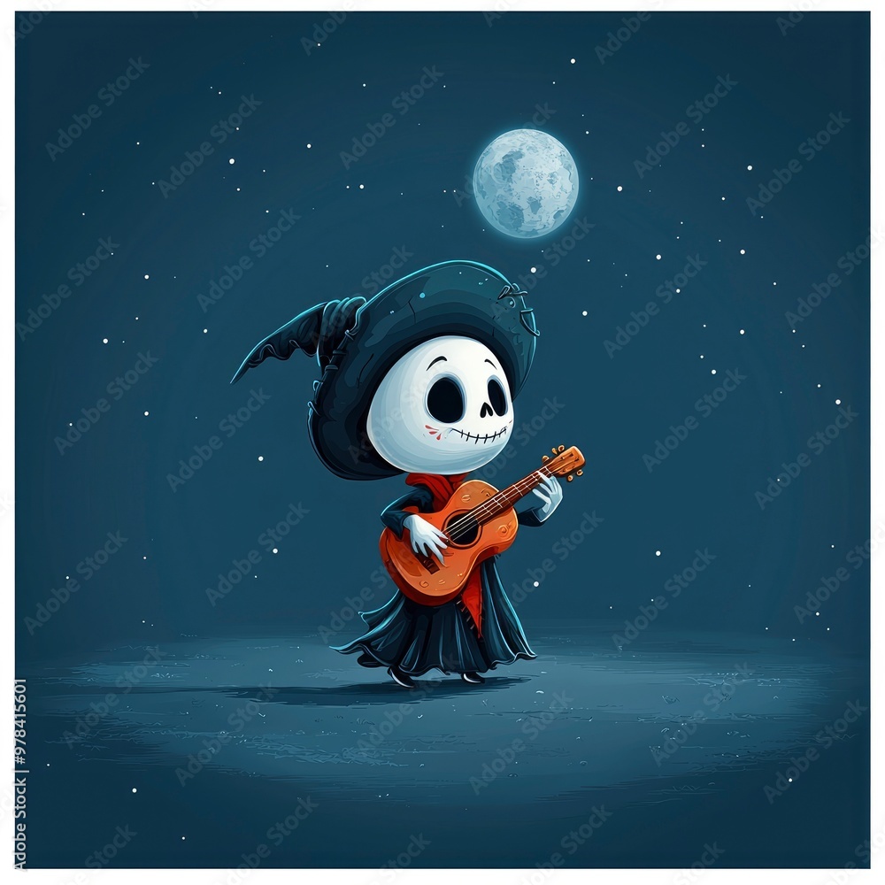 Fototapeta premium Cute Skeleton Playing Guitar Under the Night Sky