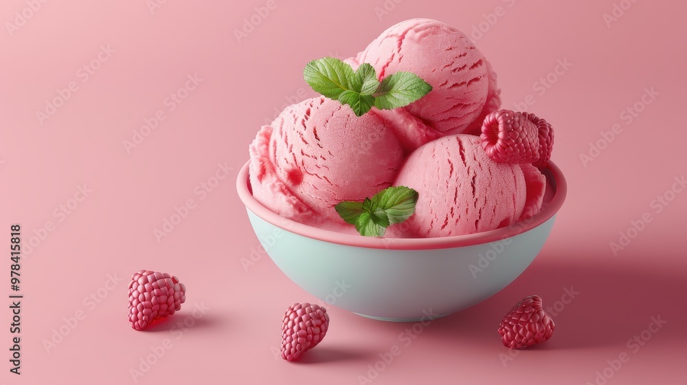 Pink Raspberry Ice Cream Delight: A close-up of three scoops of pink raspberry ice cream in a white bowl, adorned with fresh mint leaves and surrounded by glistening raspberries