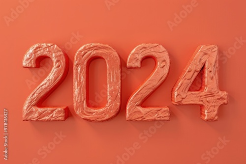 2024: A New Year Begins - A bold, textured 2024 in coral orange, radiating optimism and fresh starts on a warm orange background. Perfect for new year's greetings, calendars, and marketing materials.  photo