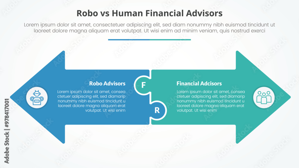 Fototapeta premium robo vs human advisors comparison opposite infographic concept for slide presentation with big arrow shape side by side opposite direction with flat style