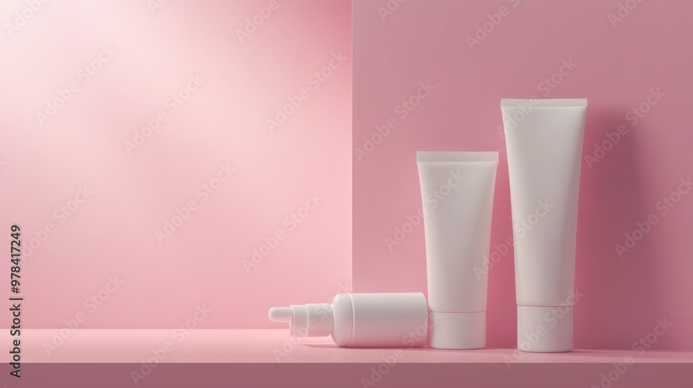 Three White Cosmetic Tubes on Pink Background Three White Cosmetic Tubes on Pink Background