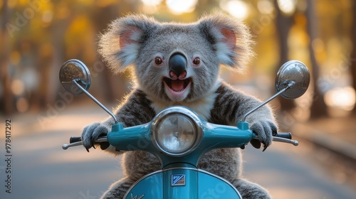 Fototapeta Naklejka Na Ścianę i Meble -  Funny portrait of happy koalas riding a blue vintage Vespa scooter in Australia with wide eyes and open mouths, Australian landscape in the background, humorous animal concept.

