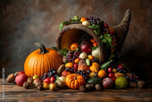 Hyperdetailed fruits and vegetables forming a cornucopia shape, with a hollow pumpkin as the horn's opening, spilling out onto a rustic wooden table, three-quarter view, warm studio lighting, CAMERA: photo