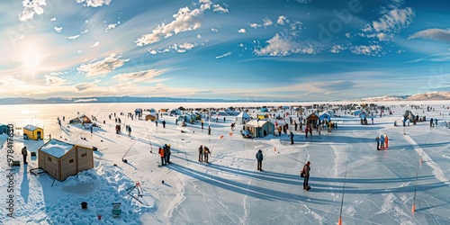 Winter's Frozen Festival: A panoramic vista of an ice fishing community, bathed in the golden glow of a winter sunset, showcases the camaraderie and adventurous spirit of this unique tradition.  photo