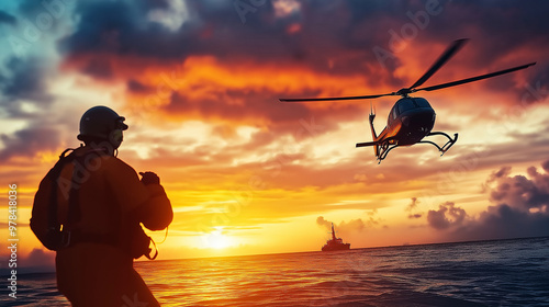 Brave rescue workers in action during a helicopter sea rescue at dusk, showcasing their teamwork and dedication in responding to an emergency. photo