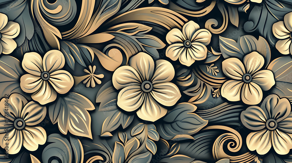 Seamless pattern of gold flowers and leaves on a black background. Seamless pattern of gold flowers and leaves on a black background.