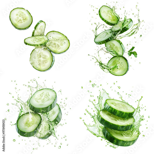 Freshly sliced green cucumber with water droplets and splash effects against a clean white studio background Healthy natural and organic vegetable imagery for diet nutrition and wellness concepts