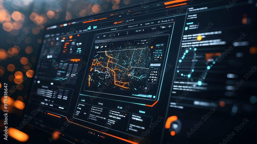 Fototapeta premium Criminal Prediction: Futuristic digital interface with real-time crime prediction data, map highlighting high-risk areas and crime trends, clean dark background emphasizing advanced technology.