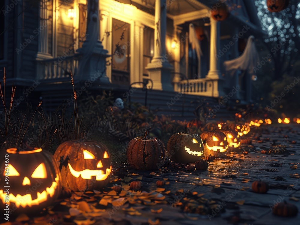 Halloween night scene with carved pumpkins and spooky decorations lighting up a house porch and pathway. Halloween night scene with carved pumpkins and spooky decorations lighting up a house porch and pathway.