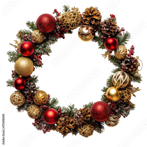 Beautifully crafted Christmas wreath made of pine branches pine cones red and gold ornaments and festive ribbons  Hanging against a plain white background creating a cozy and joyful holiday display photo