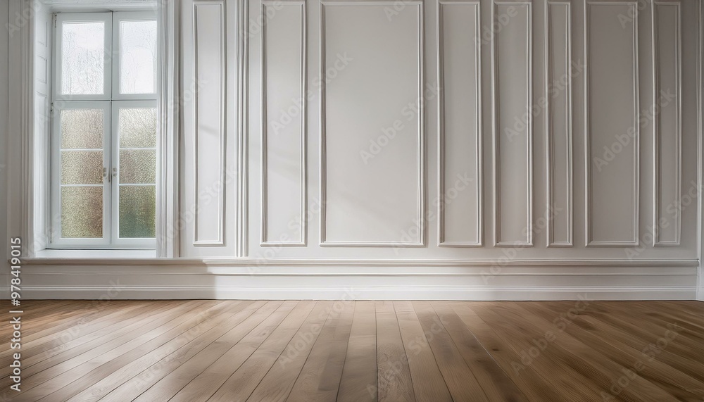 A close-up shot of the white paneling walls in an empty room, with wooden flooring and a big A close-up shot of the white paneling walls in an empty room, with wooden flooring and a big