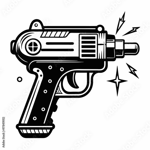 A black and white drawing of a gun