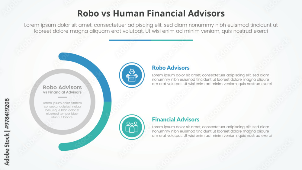 robo vs human advisors comparison opposite infographic concept for slide presentation with big circle and half circle variation with flat style robo vs human advisors comparison opposite infographic concept for slide presentation with big circle and half circle variation with flat style