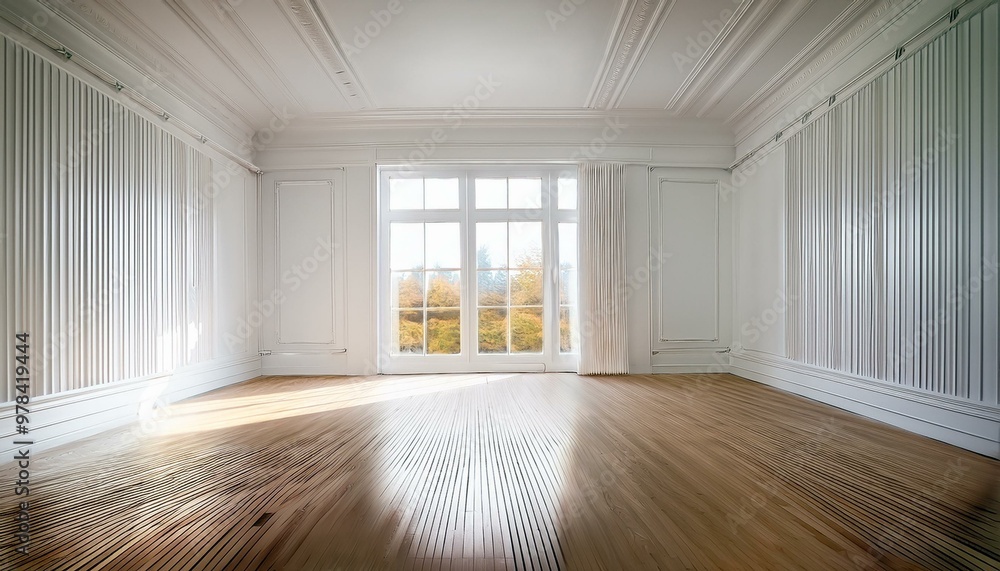 Fototapeta premium An empty room with white paneling walls, wooden flooring, and a big window that exudes a sen 