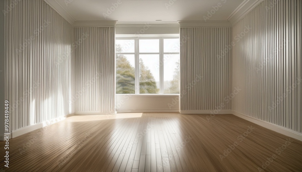  An empty room with white paneling walls, wooden flooring, and a big window that exudes a sen