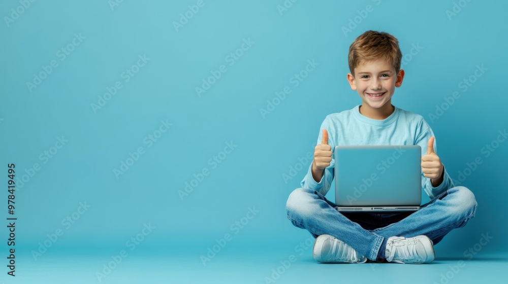Young boy sitting on the floor with a laptop and showing a thumbs-up gesture isolated on a blue background Young boy sitting on the floor with a laptop and showing a thumbs-up gesture isolated on a blue background