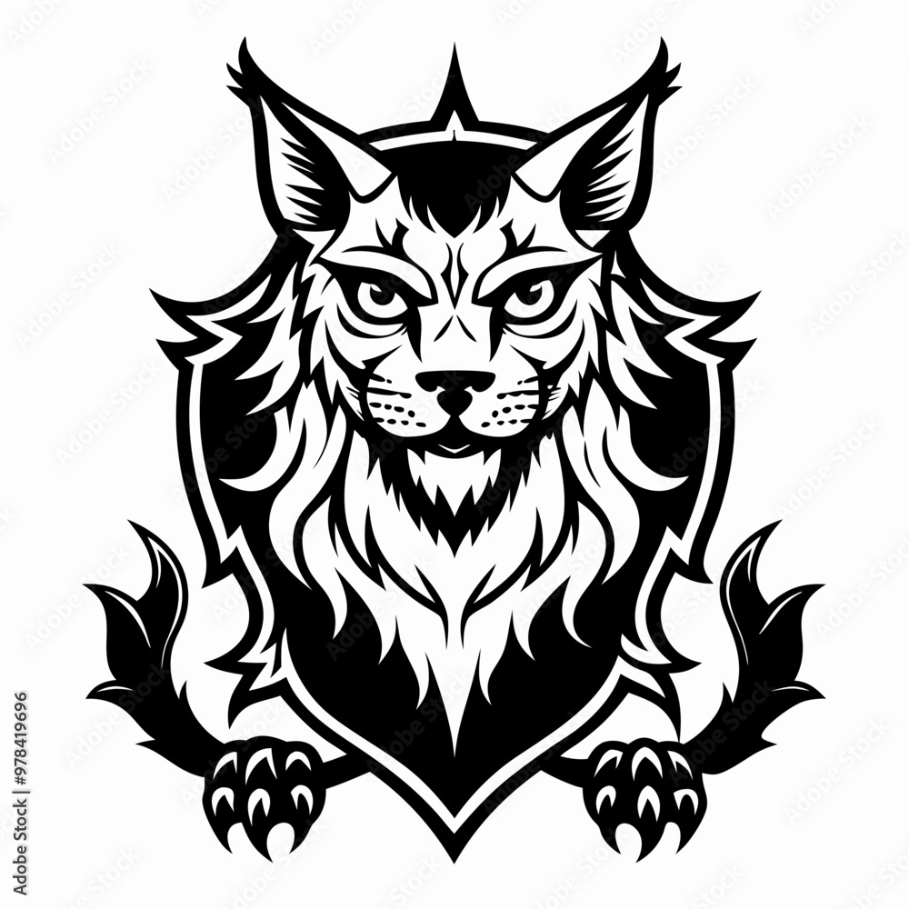 Intricate Black and White Lynx Crest Design with Bold Lines and Fierce Expression Intricate Black and White Lynx Crest Design with Bold Lines and Fierce Expression