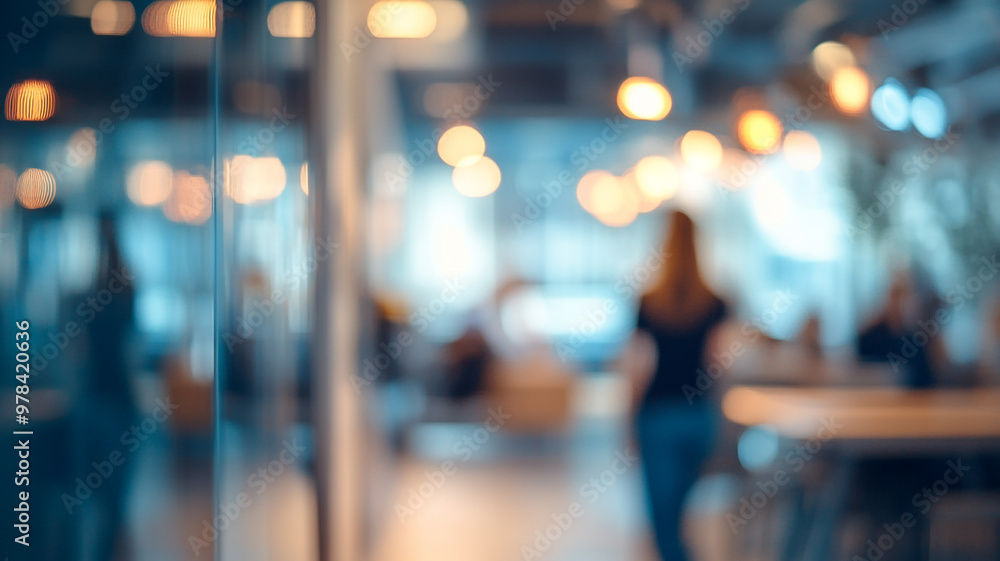 A woman walking through a modern office space with blurred colleagues in the background A woman walking through a modern office space with blurred colleagues in the background