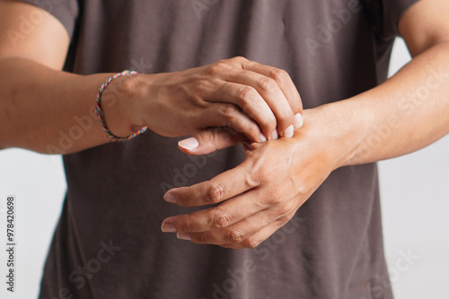 Hand massage. Physiotherapist pressing specific spots on palm. Professional health and wellness acupressure manipulations, copy space, closeup