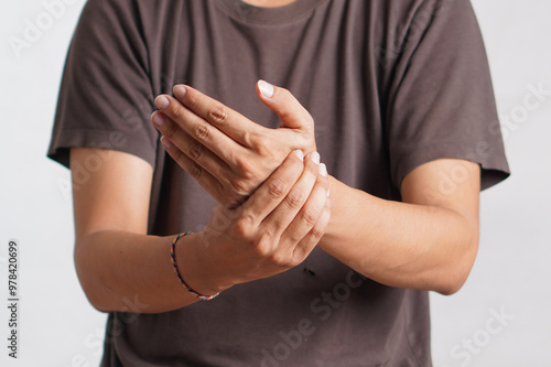 Hand massage. Physiotherapist pressing specific spots on palm. Professional health and wellness acupressure manipulations, copy space, closeup