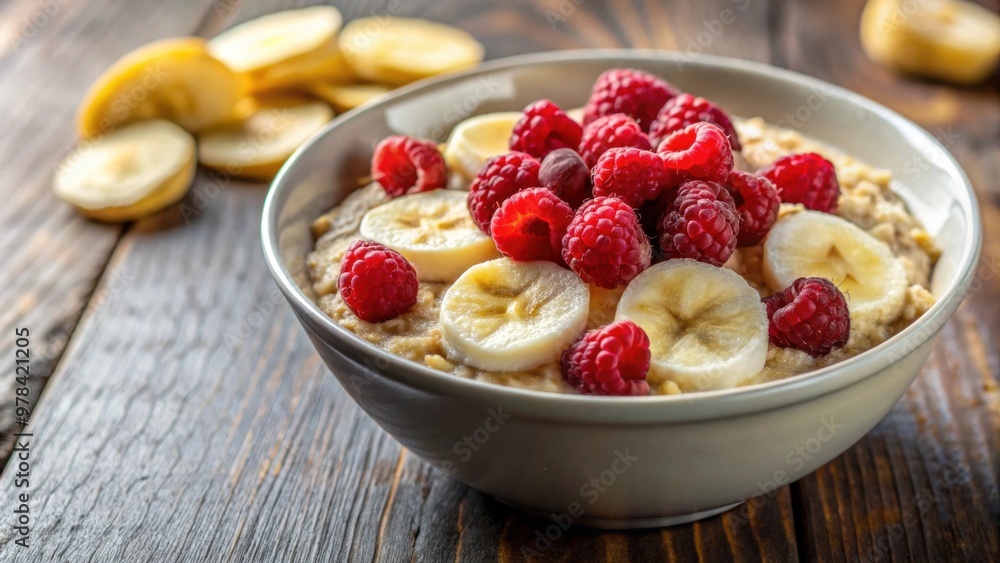 Close-up of a bowl of oatmeal with fresh raspberry and banana pieces , Oatmeal, raspberry, banana, breakfast, healthy Close-up of a bowl of oatmeal with fresh raspberry and banana pieces , Oatmeal, raspberry, banana, breakfast, healthy