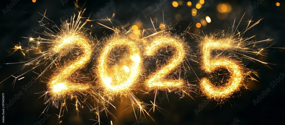 Year 2025 on black background Year 2025 on black background