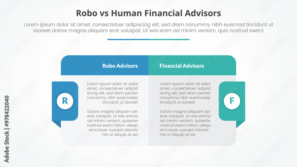 Fototapeta premium robo vs human advisors comparison opposite infographic concept for slide presentation with big box table with header and badge on side with flat style