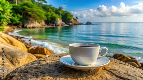 Coffee cup on saucer placed on a rock overlooking the beach, ocean, and foliage , coffee, espresso, mug, saucer, rock, beach