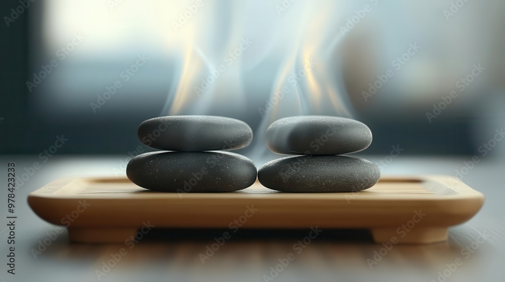 Steamy hot stones on a wooden tray, symbolizing the healing power of nature and rejuvenation Wellness, Hot stones, rejuvenation, tranquility Steamy hot stones on a wooden tray, symbolizing the healing power of nature and rejuvenation Wellness, Hot stones, rejuvenation, tranquility