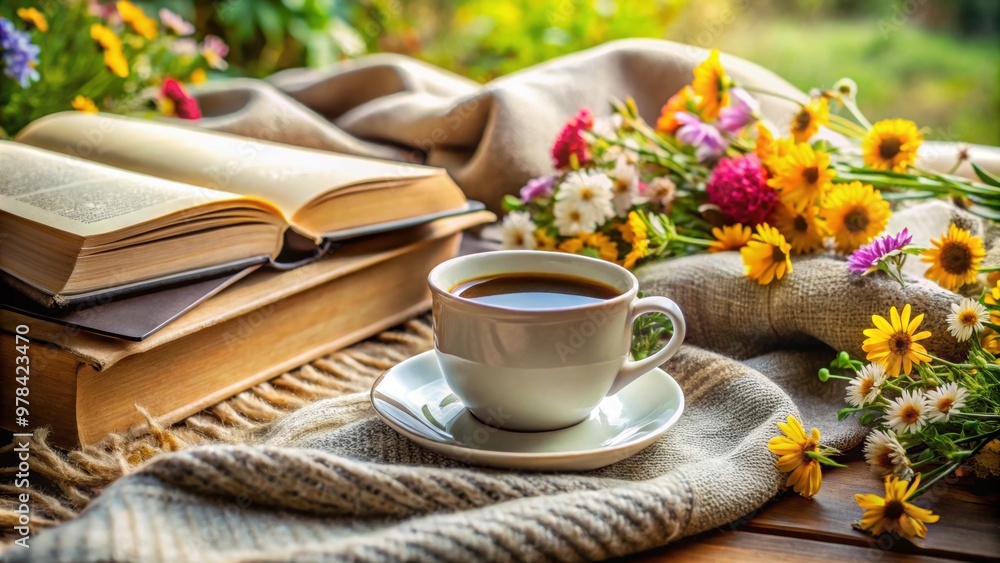 A cozy composition of a cup of coffee surrounded by books, a blanket, and flowers in a natural setting , coffee, books A cozy composition of a cup of coffee surrounded by books, a blanket, and flowers in a natural setting , coffee, books
