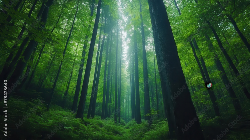 Naklejka premium Breathe in the fresh air while walking through a serene forest, surrounded by tall, green trees Wellness, Greenery, breathe, forest