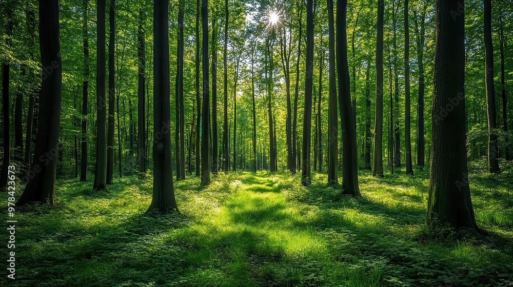 Fototapeta premium Breathe in the fresh air while walking through a serene forest, surrounded by tall, green trees Wellness, Greenery, breathe, forest