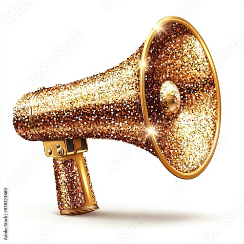 Gold glitter megaphone with sparkling effect, Golden glitter-covered megaphone sparkling brightly, symbolizing celebration, communication, and attention-grabbing announcements with a glamorous touch.
 photo