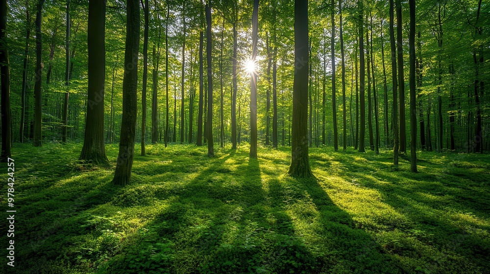 Lush green forest with sunlight streaming through the trees, symbolizing peace and fresh air Wellness, Forest, greenery, breathe